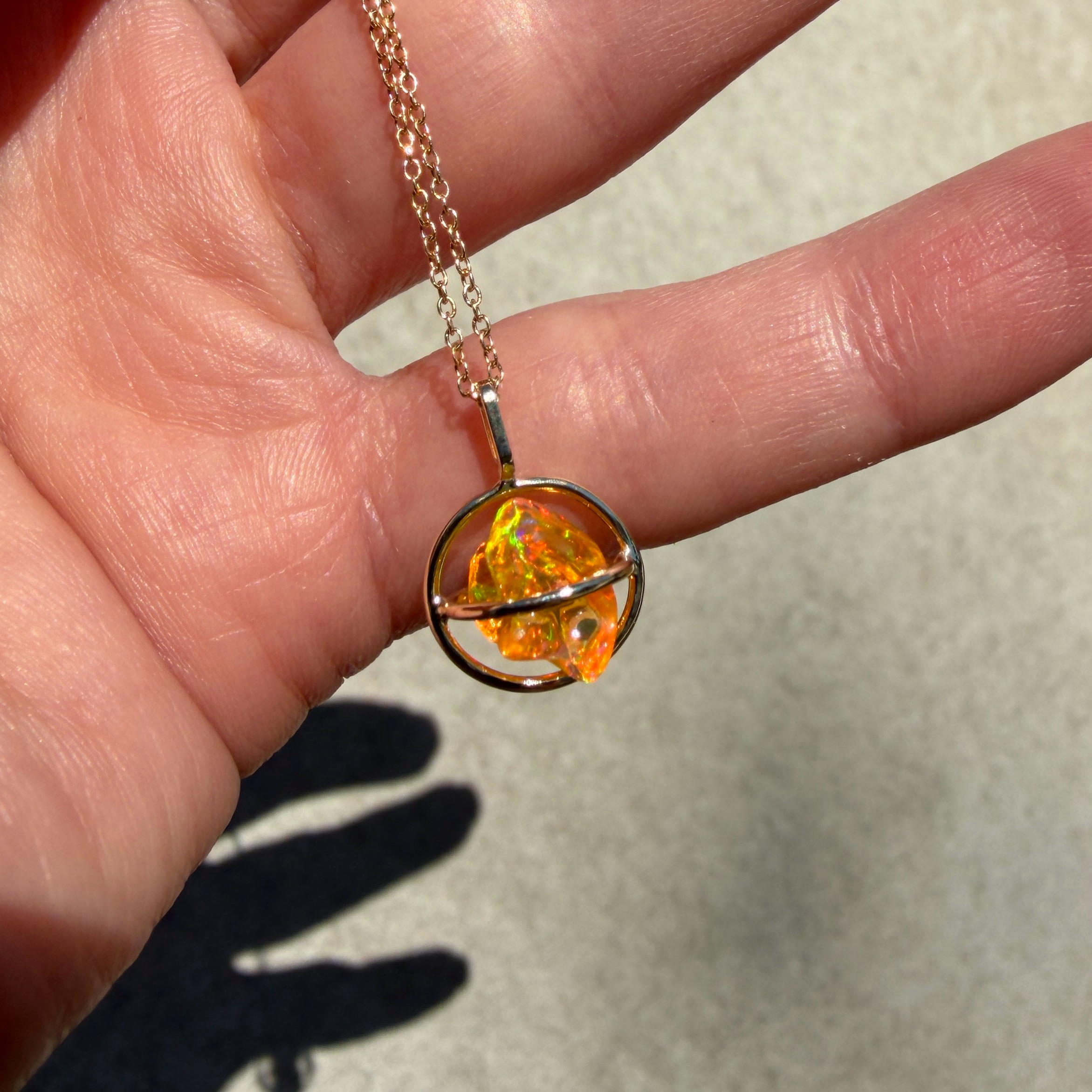 14K Yellow gold Planet pendant with Mexican freeform fire opal - Image 2