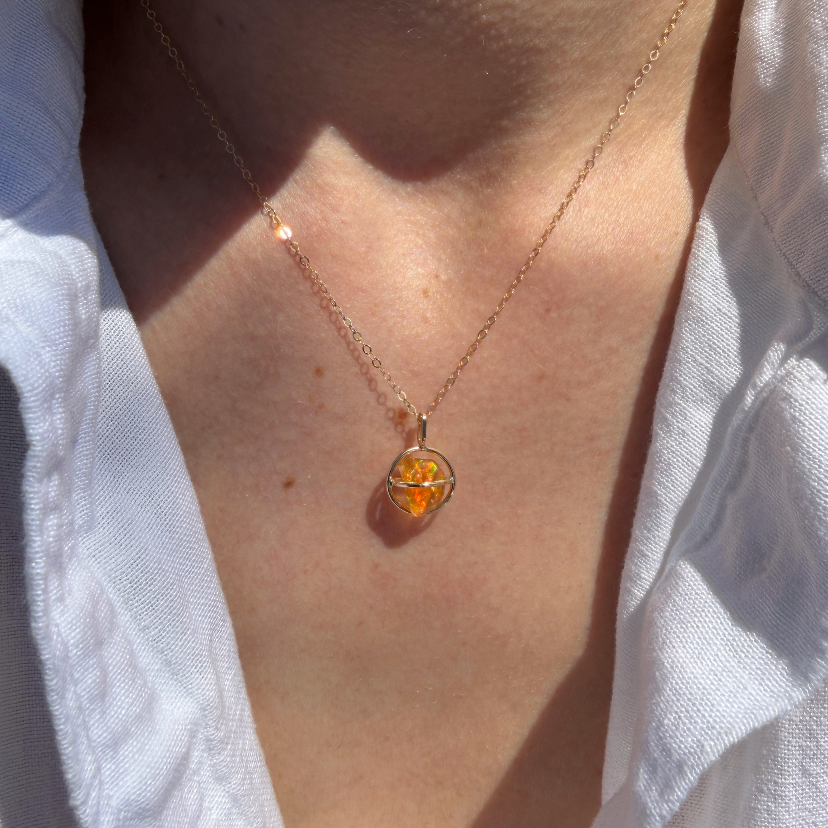 14K Yellow gold Planet pendant with Mexican freeform fire opal - Image 3