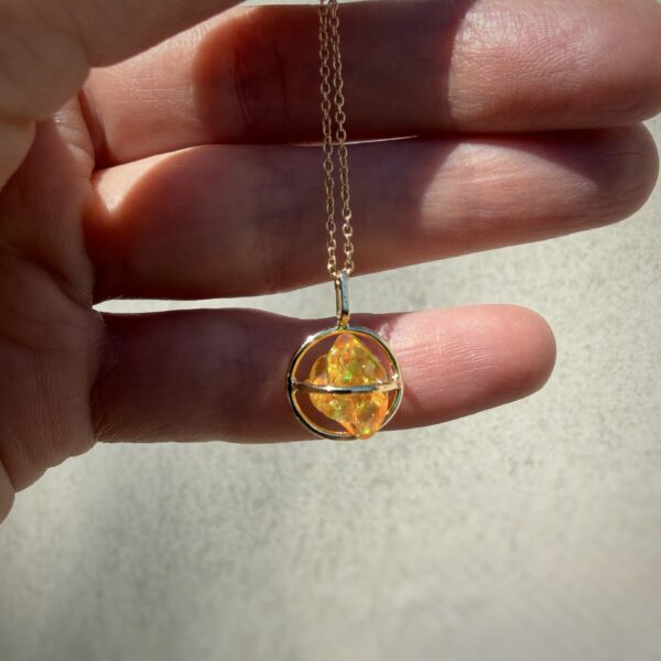 14K Yellow gold Planet pendant with Mexican freeform fire opal