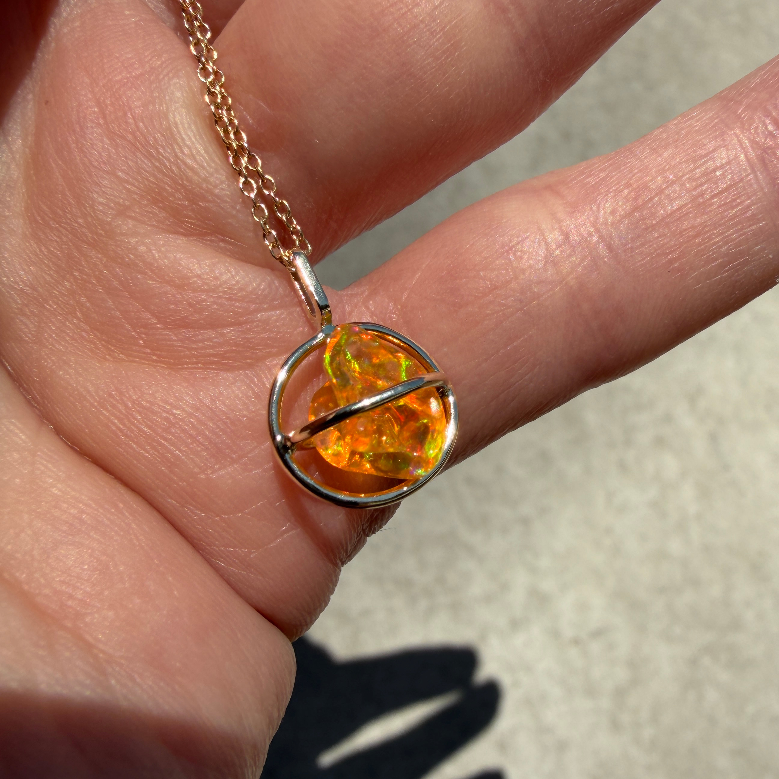 14K Yellow gold Planet pendant with Mexican freeform fire opal - Image 4
