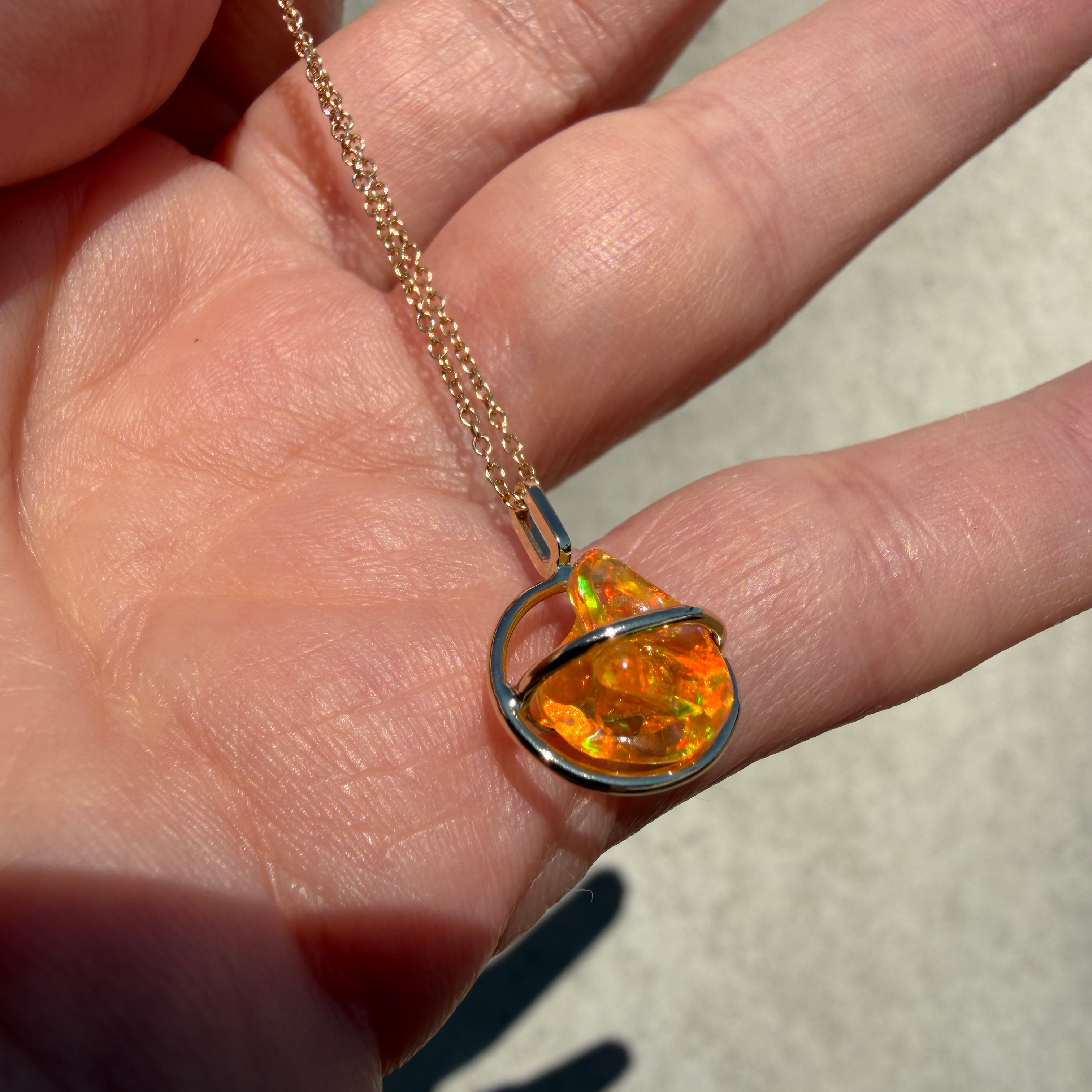 14K Yellow gold Planet pendant with Mexican freeform fire opal - Image 5