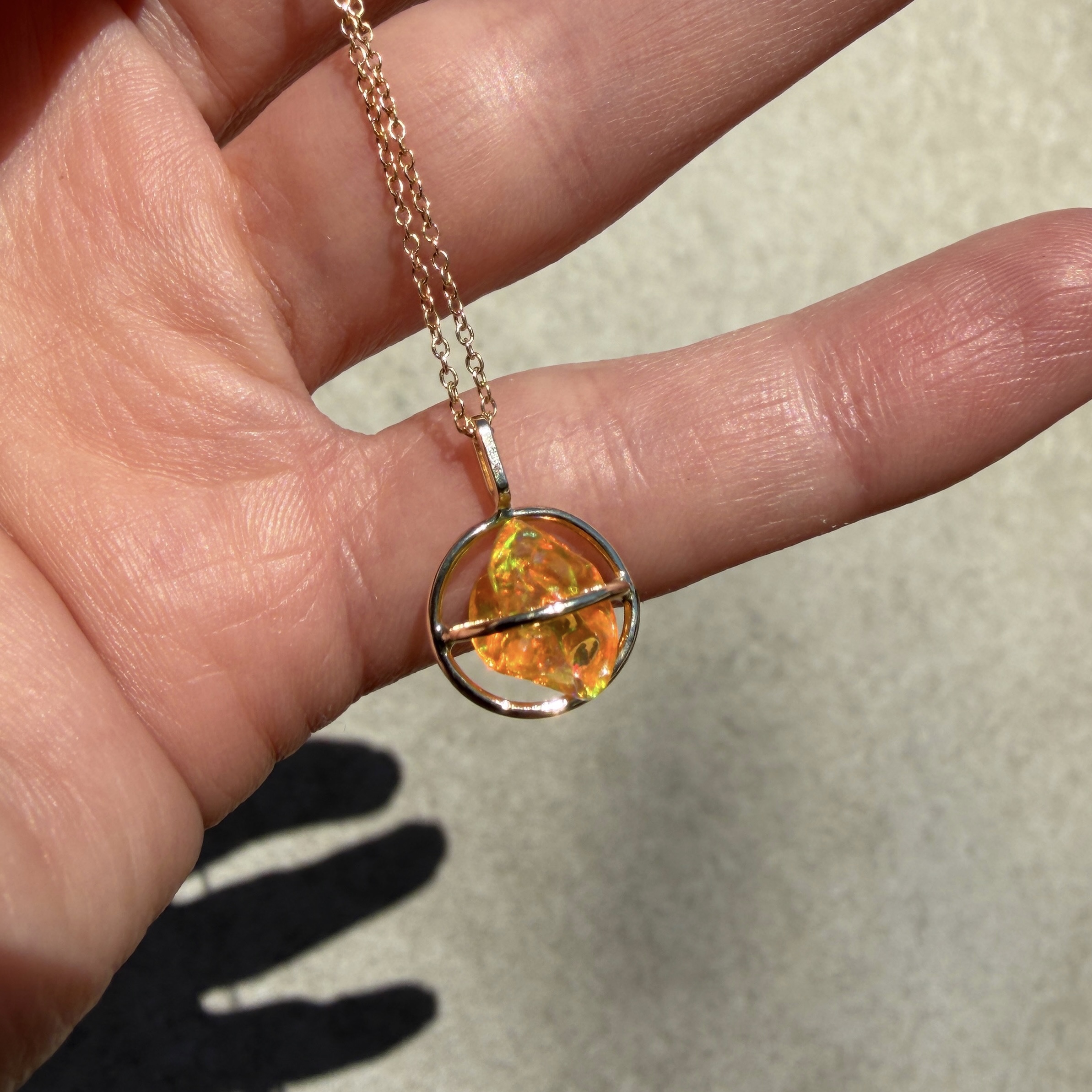 14K Yellow gold Planet pendant with Mexican freeform fire opal - Image 6