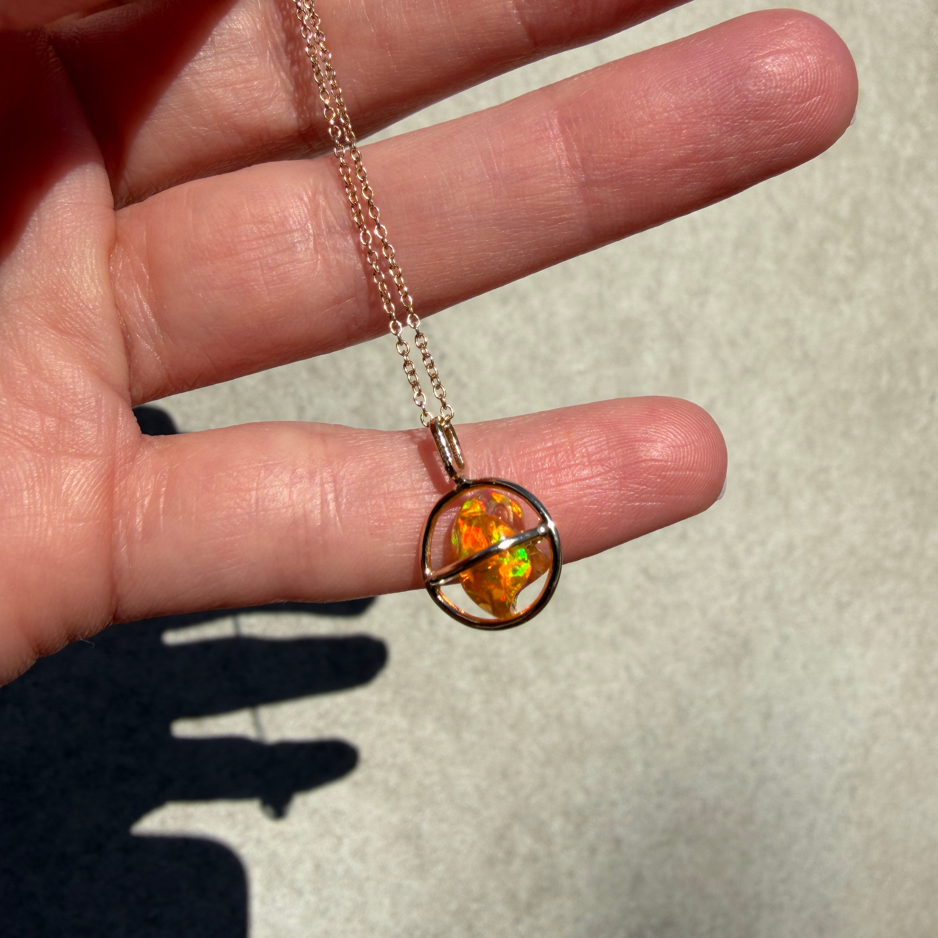 14K Yellow gold Planet pendant with Mexican freeform fire opal - Image 7