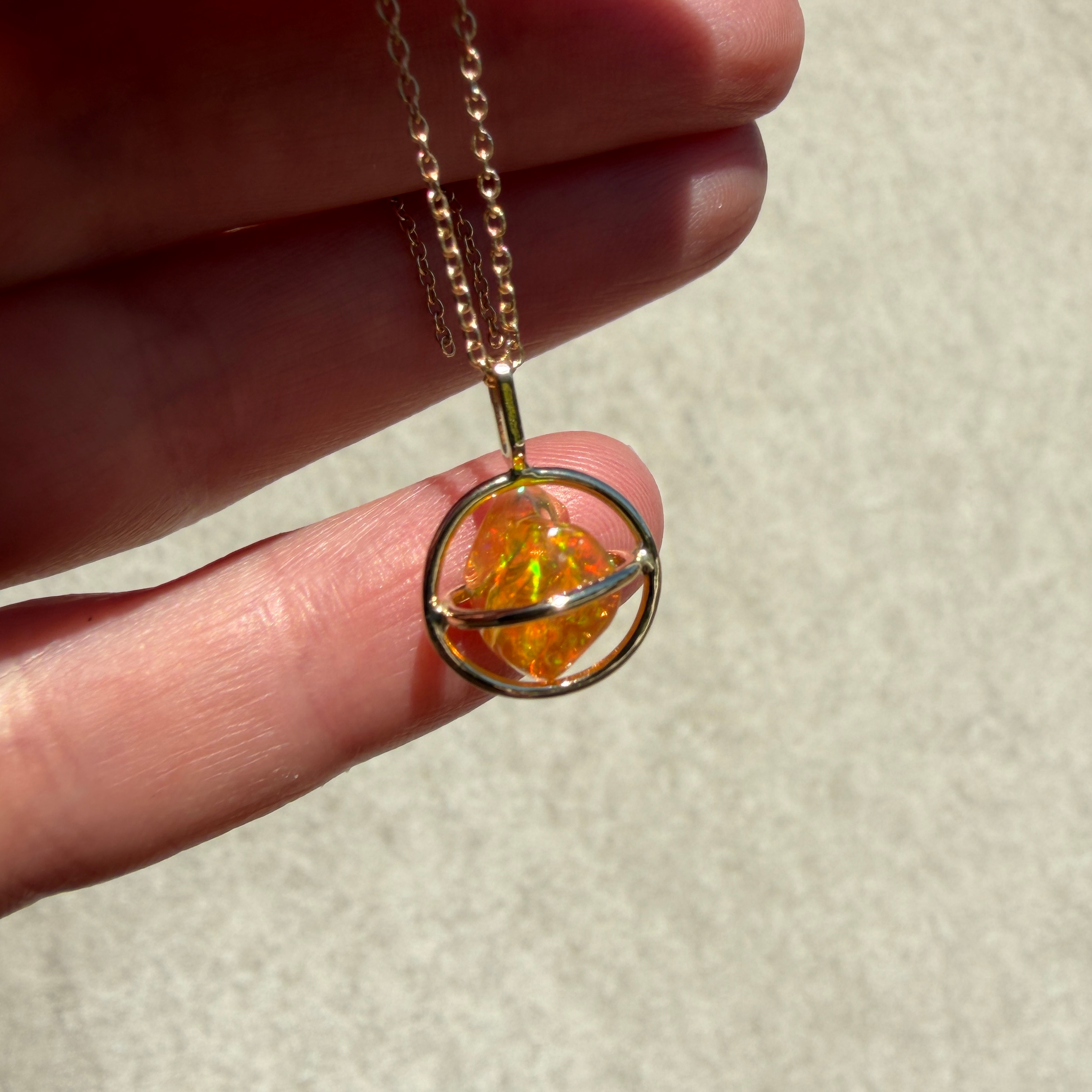 14K Yellow gold Planet pendant with Mexican freeform fire opal - Image 8