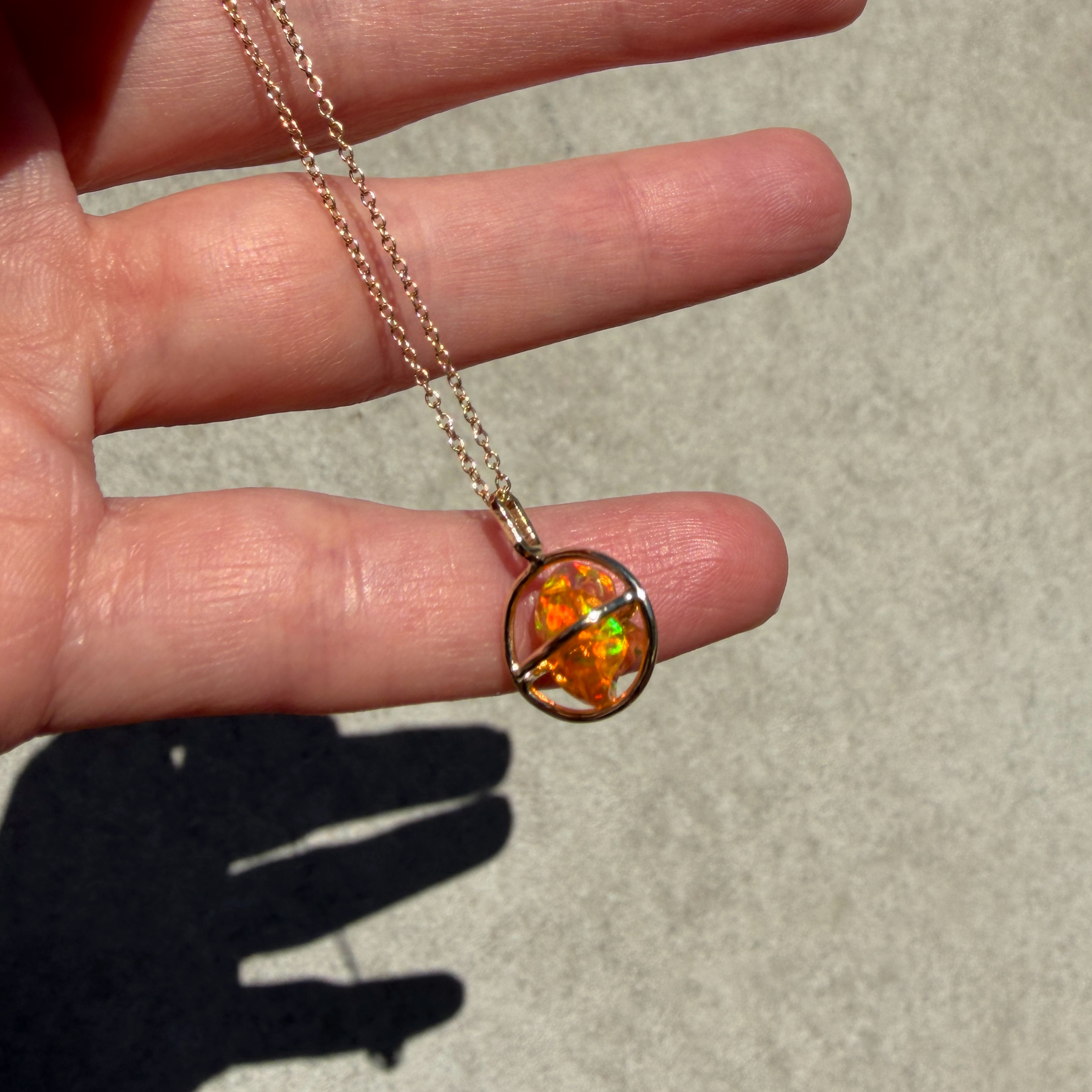 14K Yellow gold Planet pendant with Mexican freeform fire opal - Image 9
