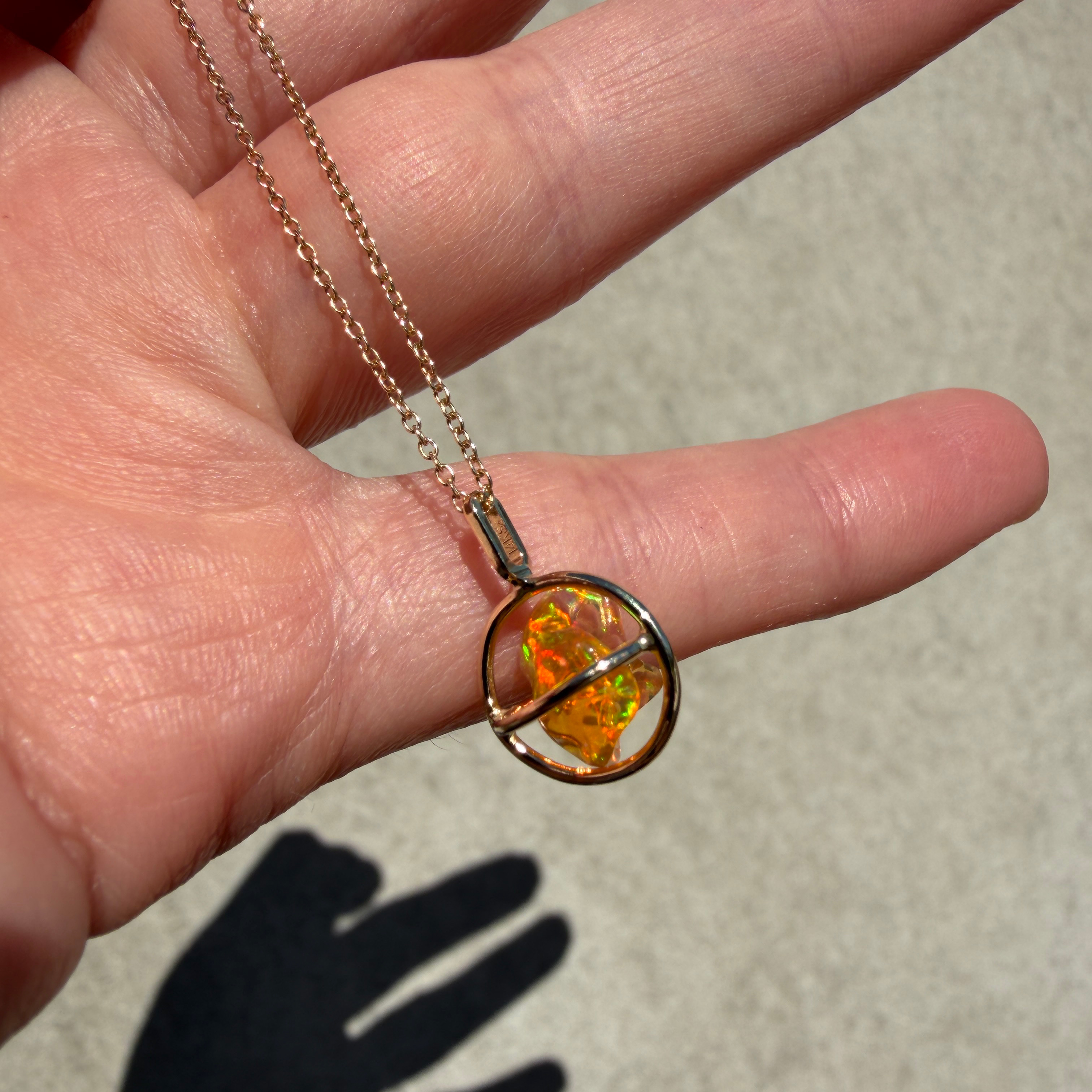 14K Yellow gold Planet pendant with Mexican freeform fire opal - Image 10