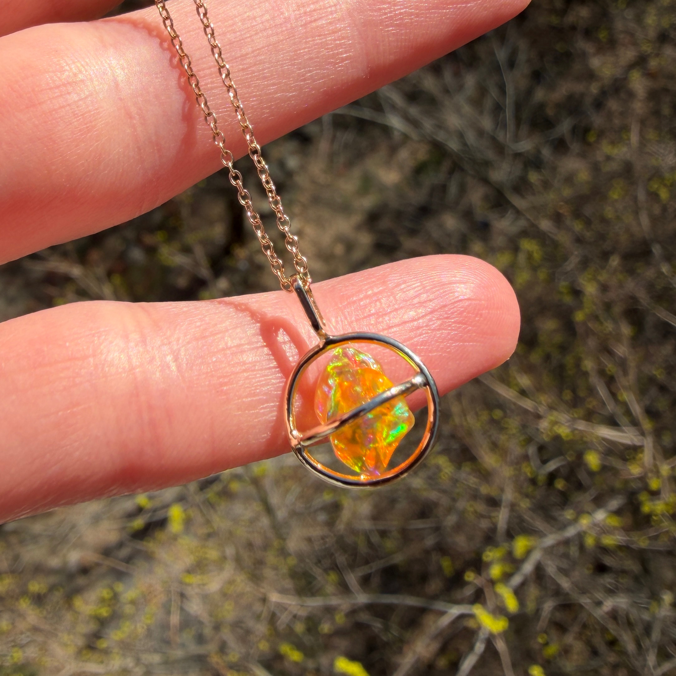 14K Yellow gold Planet pendant with Mexican freeform fire opal - Image 11