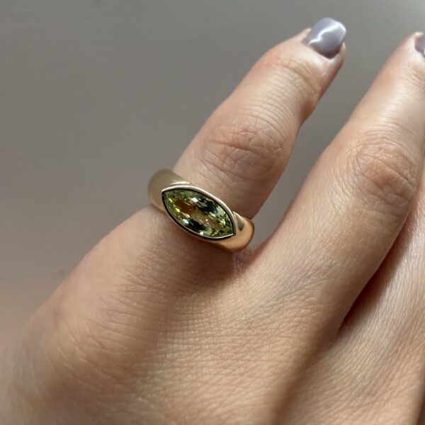 14K Yellow Gold pinky ring with Chrysoberyl marquise SZ 3.25