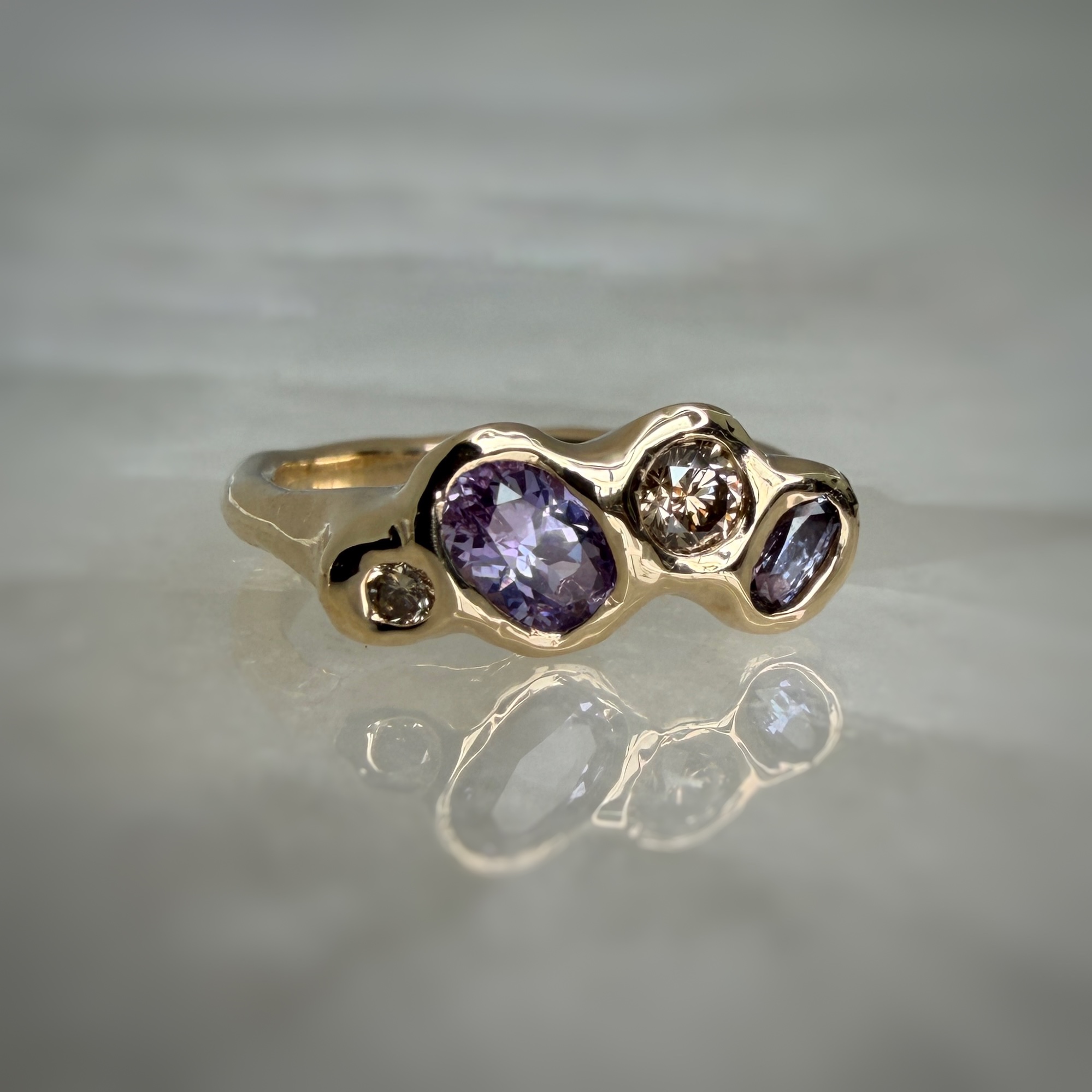 14K Molten gold ring with Lavender sapphires and Champagne diamonds SZ 6 - Image 2