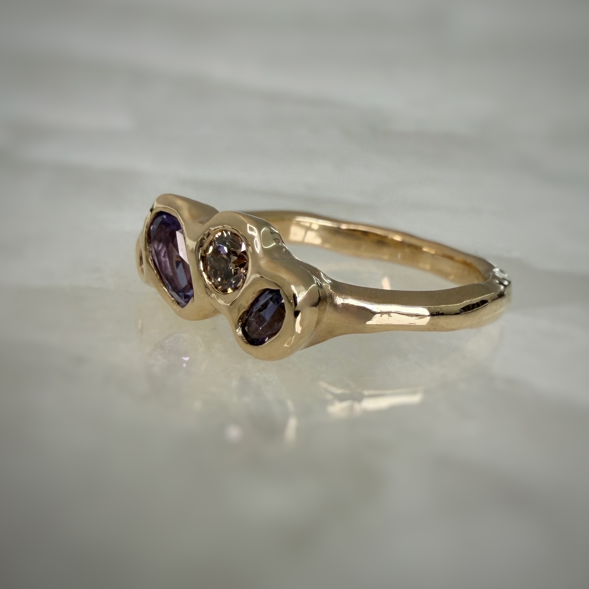 14K Molten gold ring with Lavender sapphires and Champagne diamonds SZ 6 - Image 3