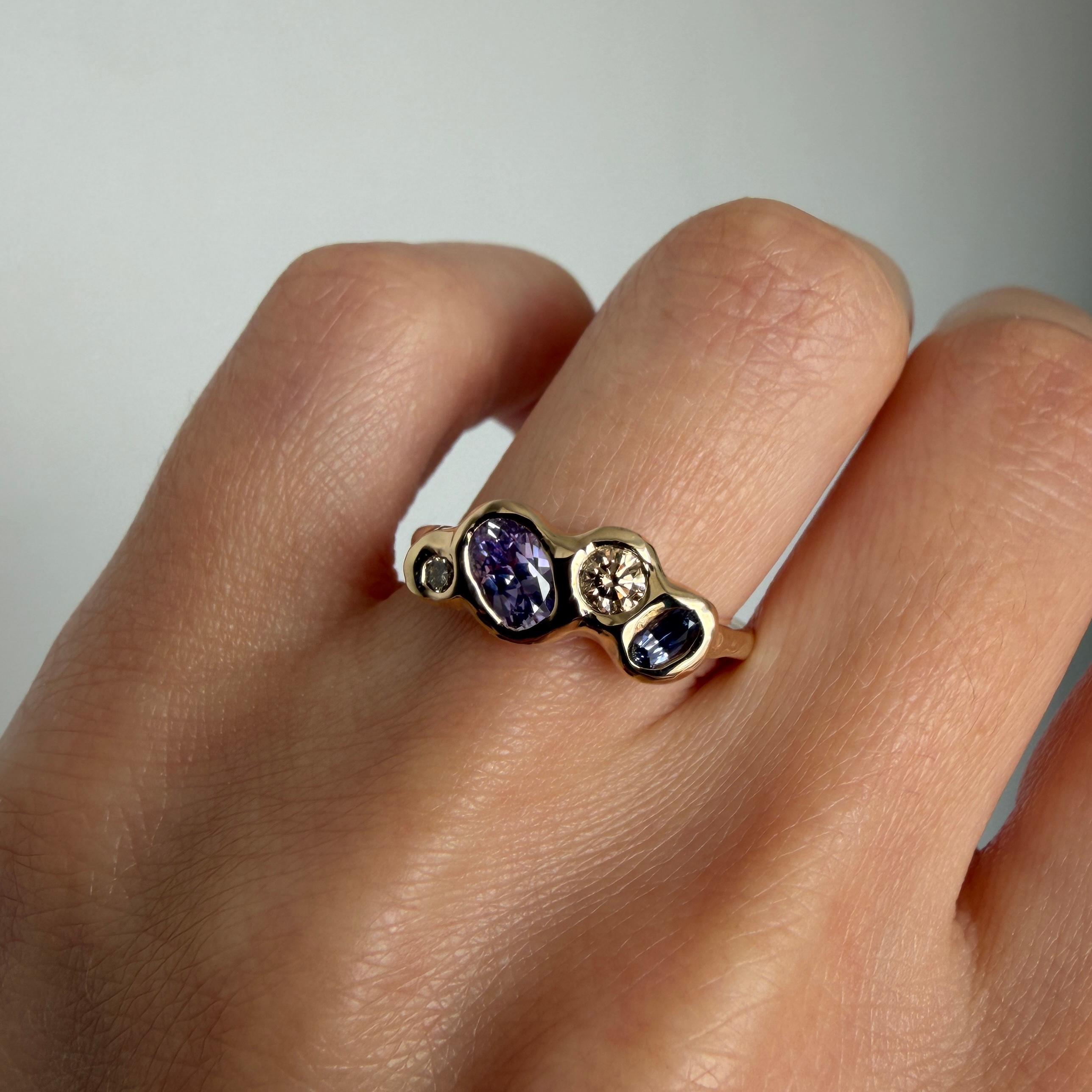 14K Molten gold ring with Lavender sapphires and Champagne diamonds SZ 6 - Image 4